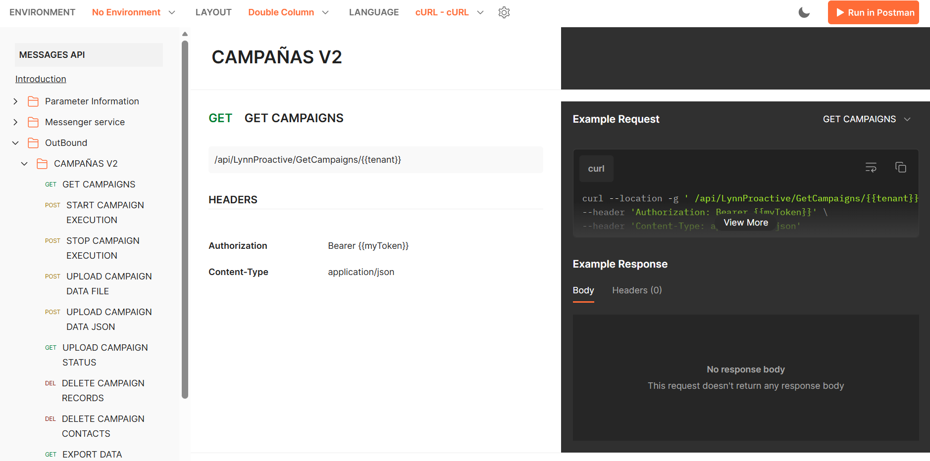 Captura de postmn con ubicación de la documentación del Api de campaña