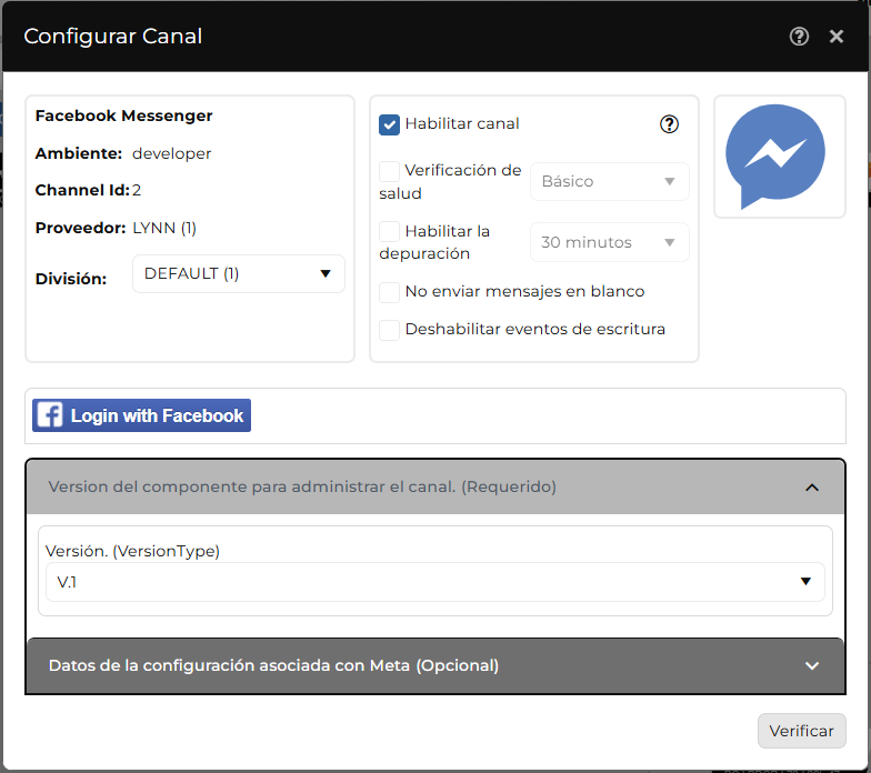Ventana "Configurar Canal" de Facebook Messenger
