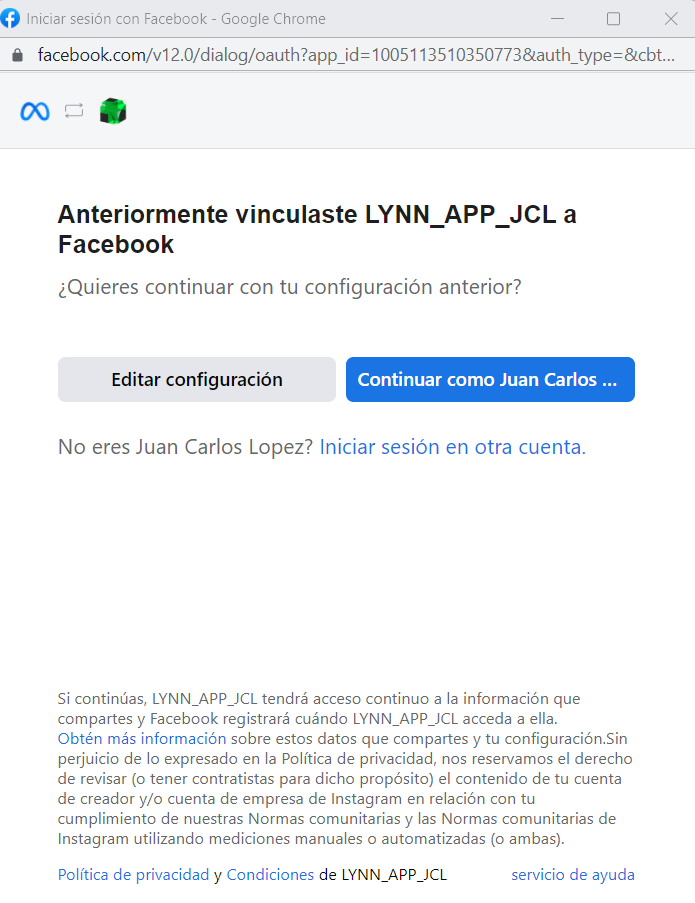 Ventana para continuar/editar la configuración anterior