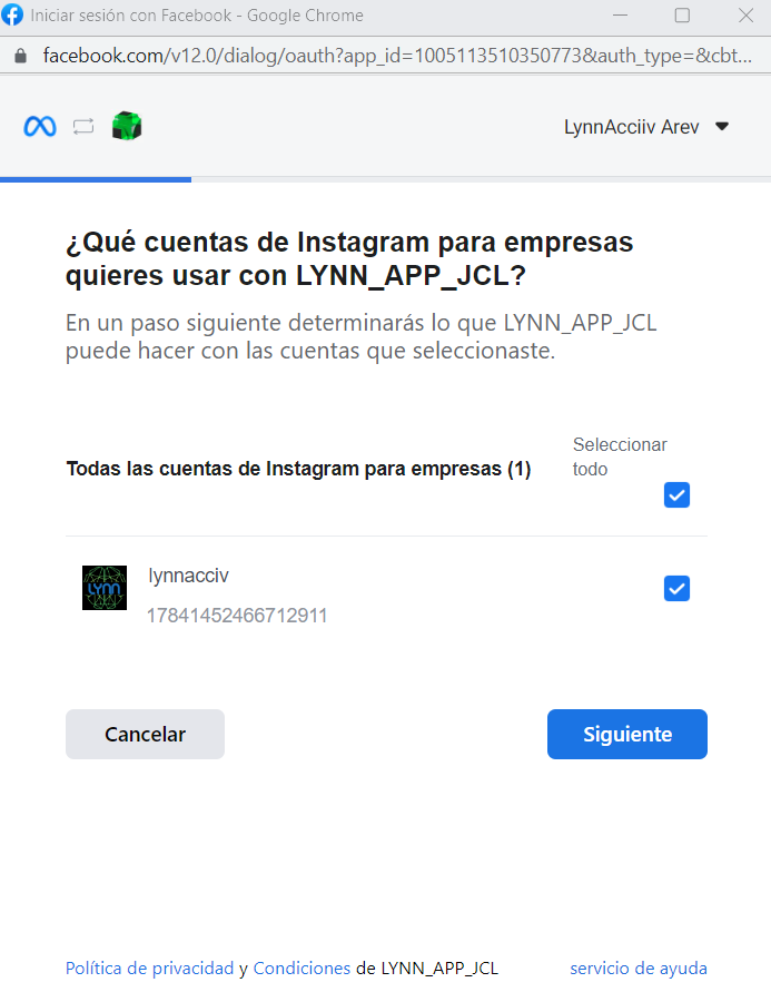 Selección de las páginas de Facebook a conectar