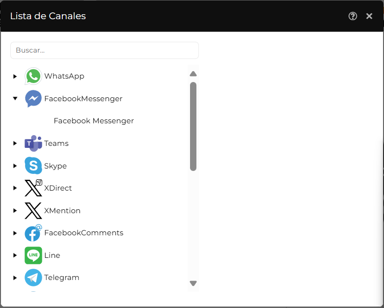 Canal Facebook Messenger en la ventana "Lista de canales"