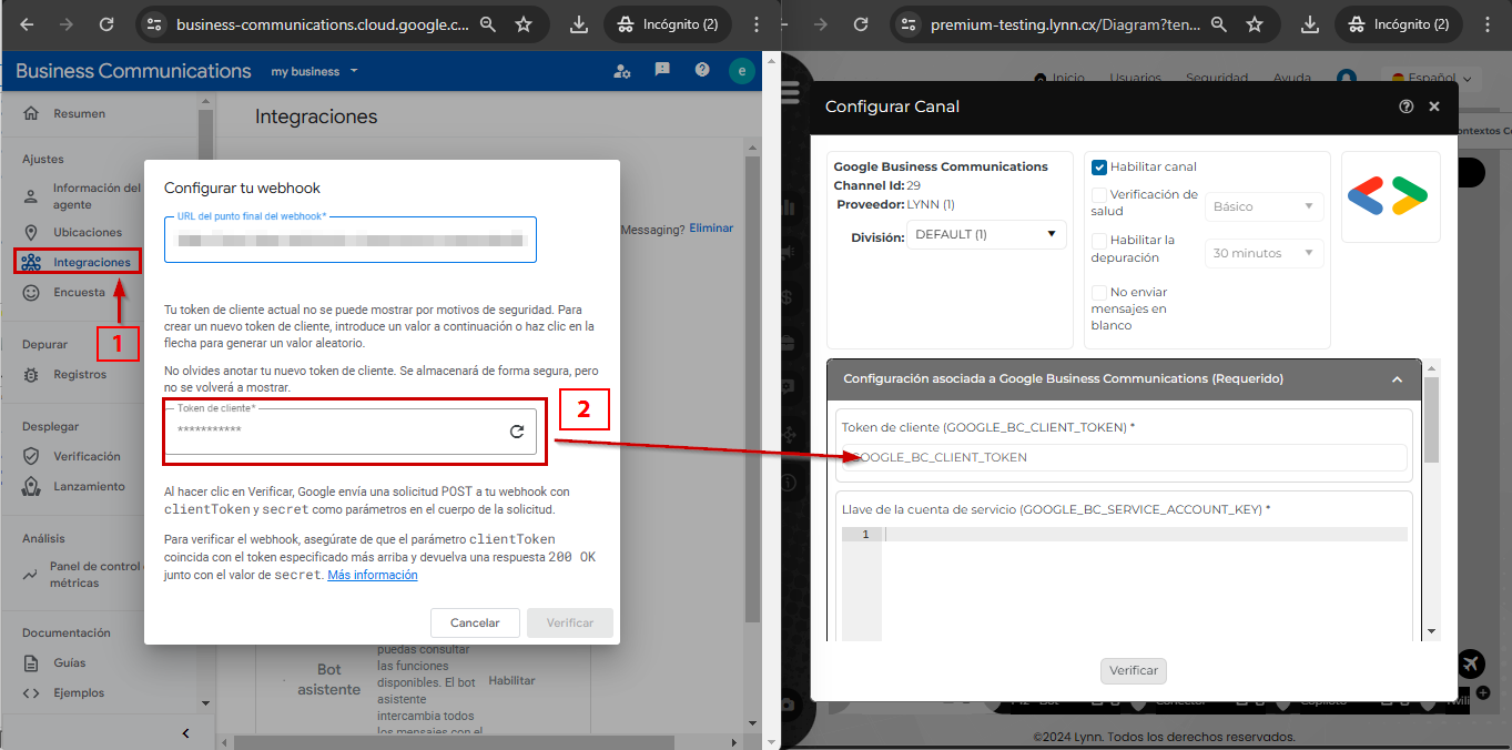 Client token en la configuración del Webhook del agente