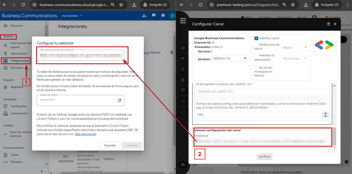 URL de Webhook de Lynn configurada en Business Communications