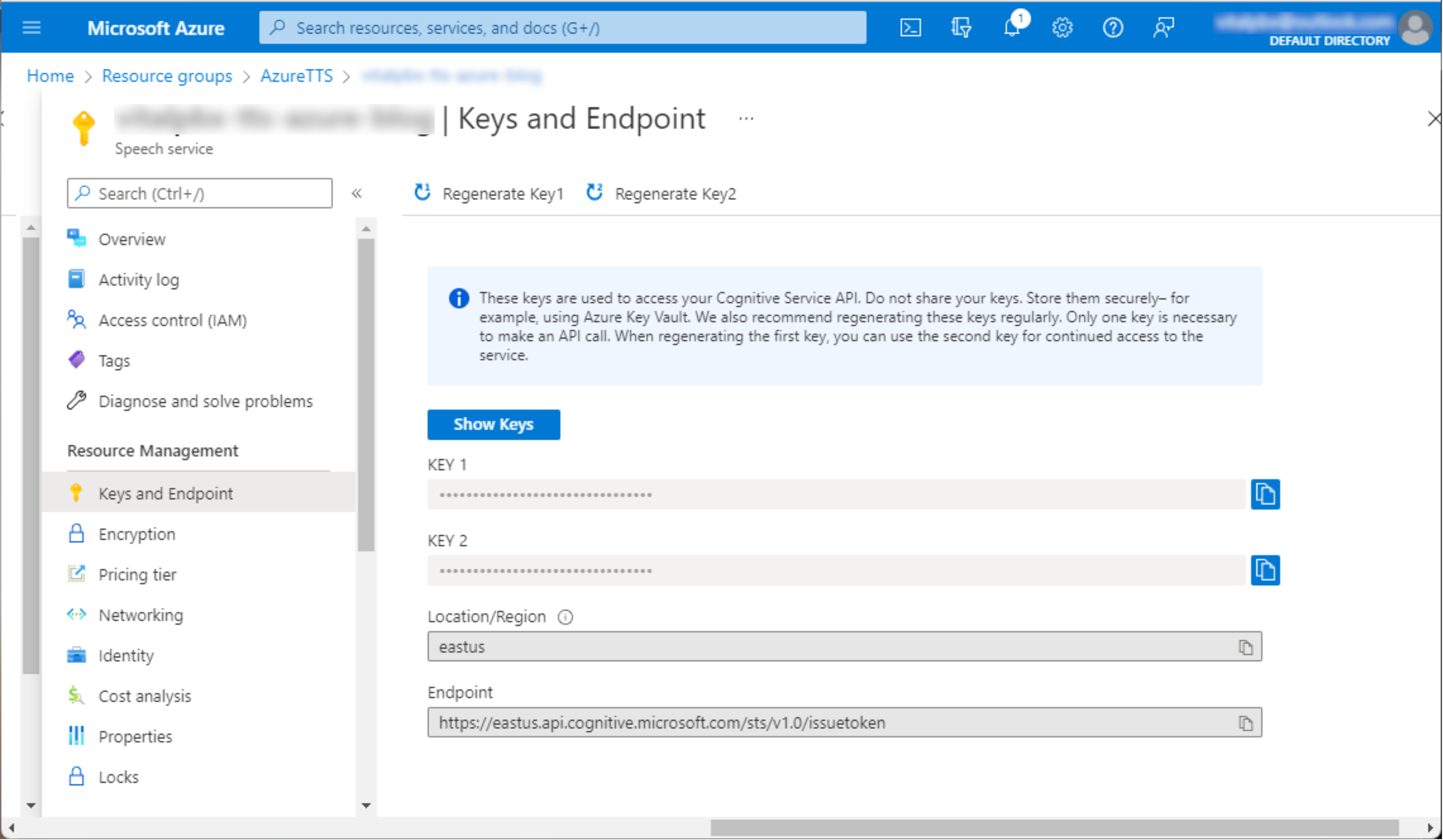 Sección "Keys and Endpoint" del recurso Speech Service en Azure
