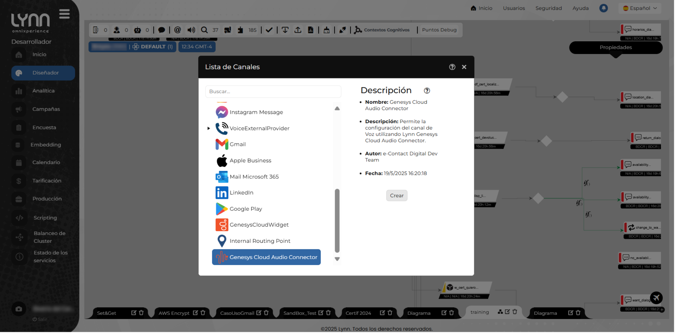 Canal "Genesys Cloud Audio Connector" en la lista de canales de Lynn