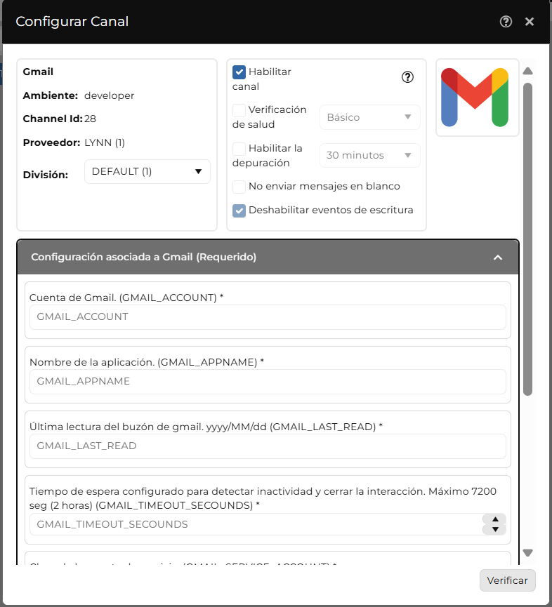 Ventana "Configurar Canal" de Gmail