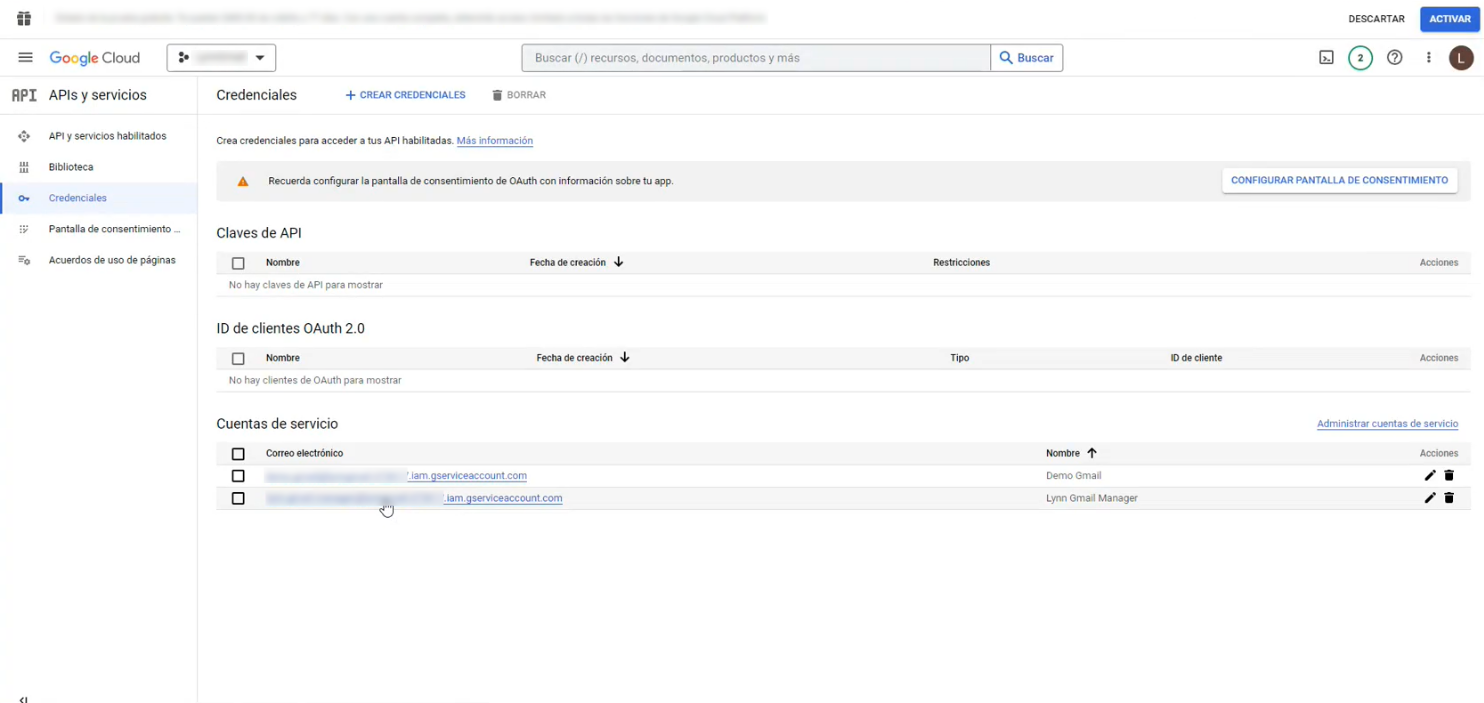 Selección de la cuenta de servicio en Google Cloud