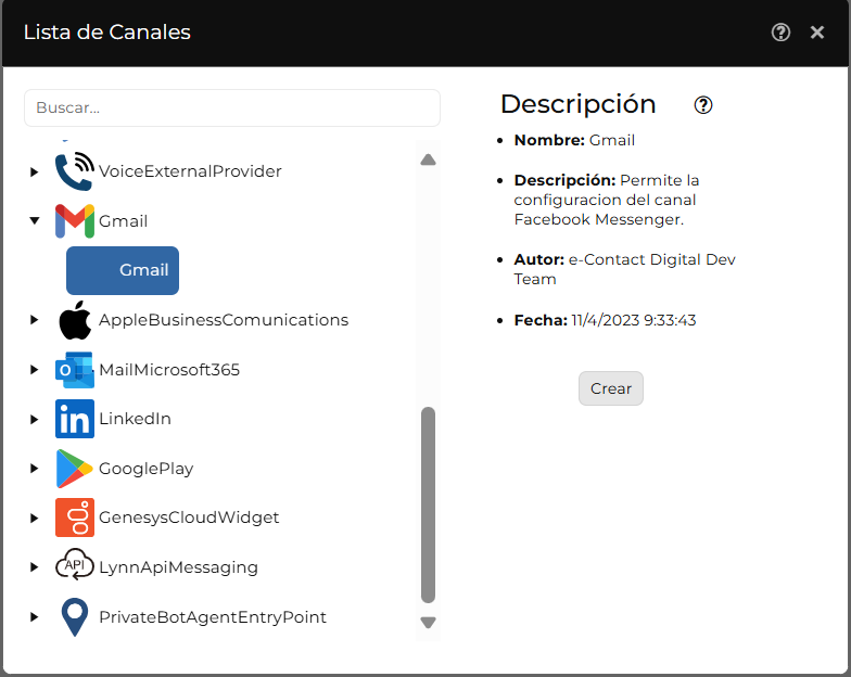Ventana "Lista de canales" con Gmail seleccionado