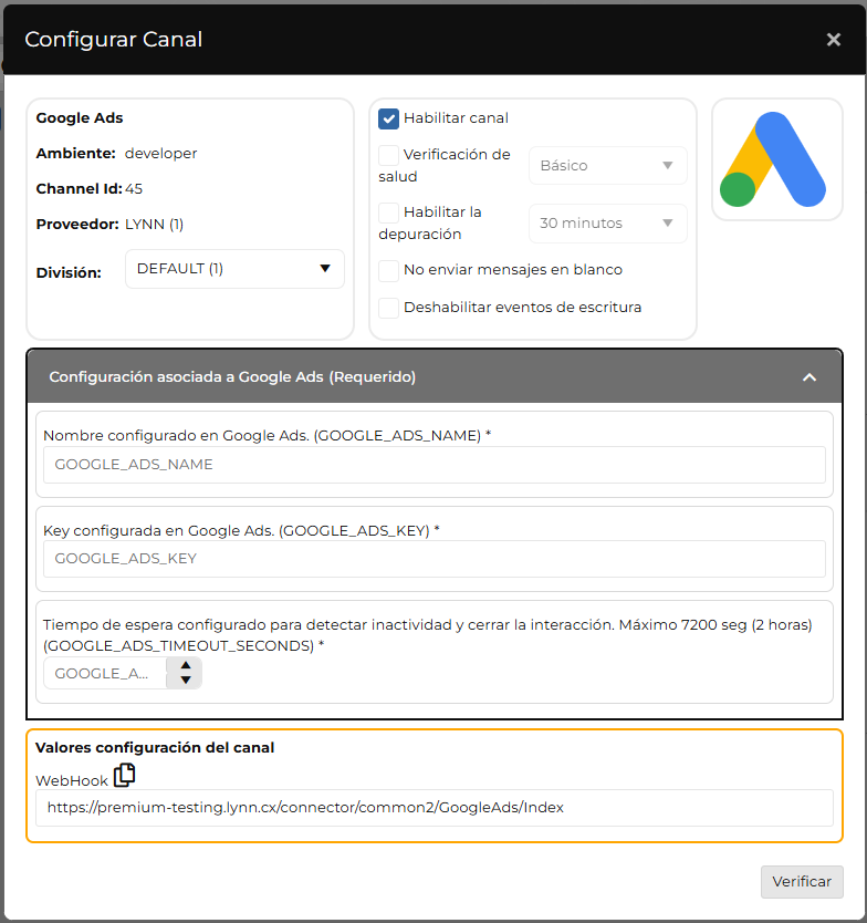 Formulario Configurar Canal de Google Ads
