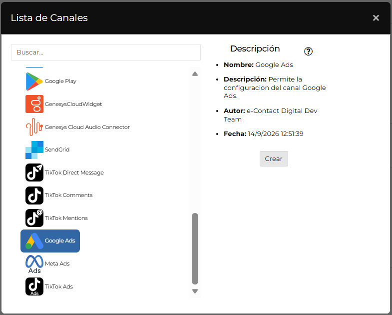 Lista de Canales, con Google Ads seleccionado
