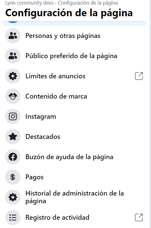 Pestaña "Instagram" dentro de la configuración de la página