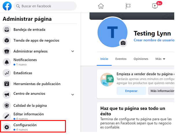 Opción "Configuración" en la página principal de Facebook