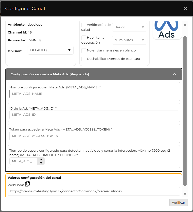 Formulario Configurar Canal de Meta Ads