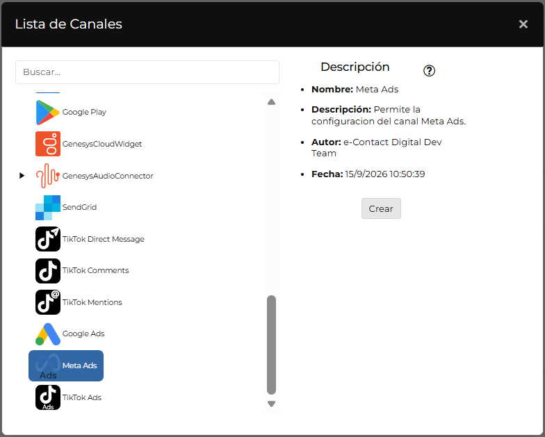 Lista de Canales, con Meta Ads seleccionado