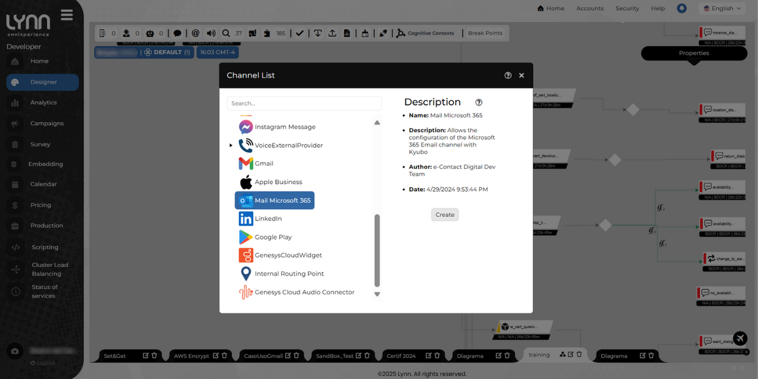 Canal "Mail Office 365" en la lista de canales de Lynn