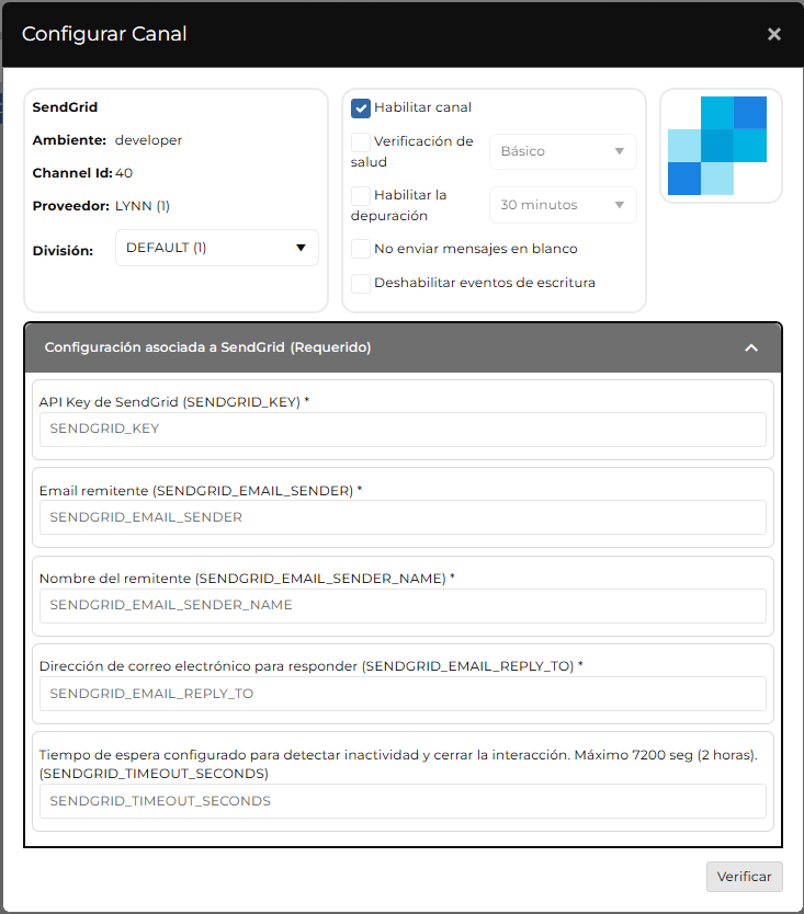 Campos de configuración del canal SendGrid