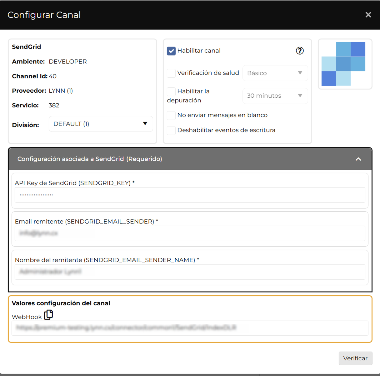 campos de configuración del canal