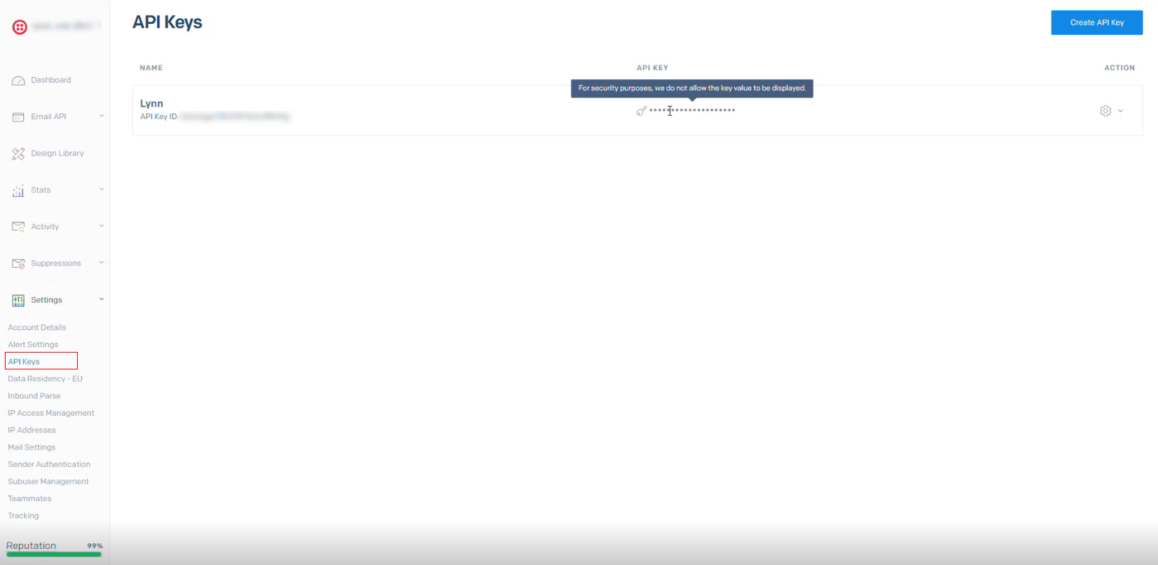 localización de la API key en SendGrid