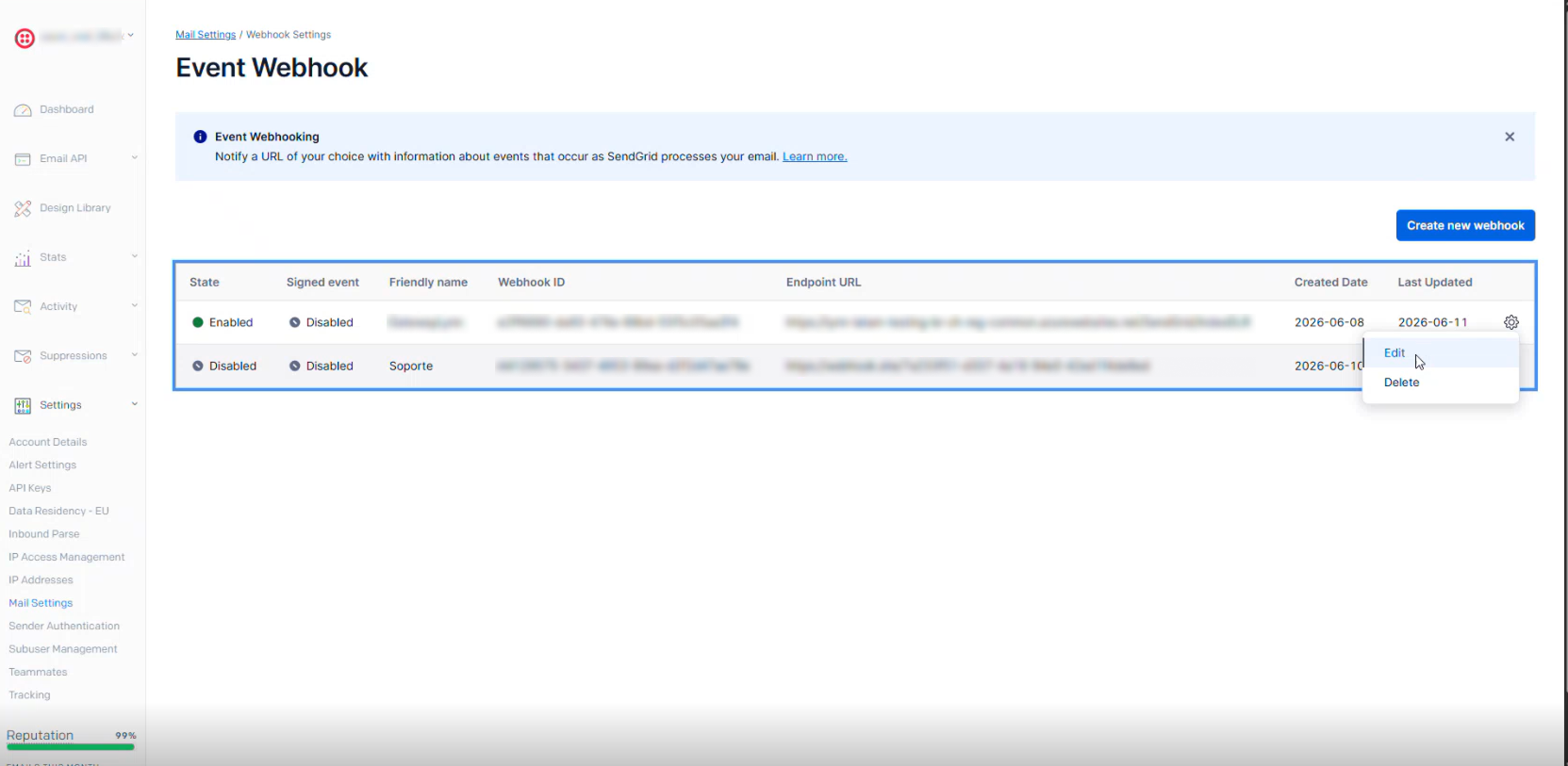 configuración de Webhook