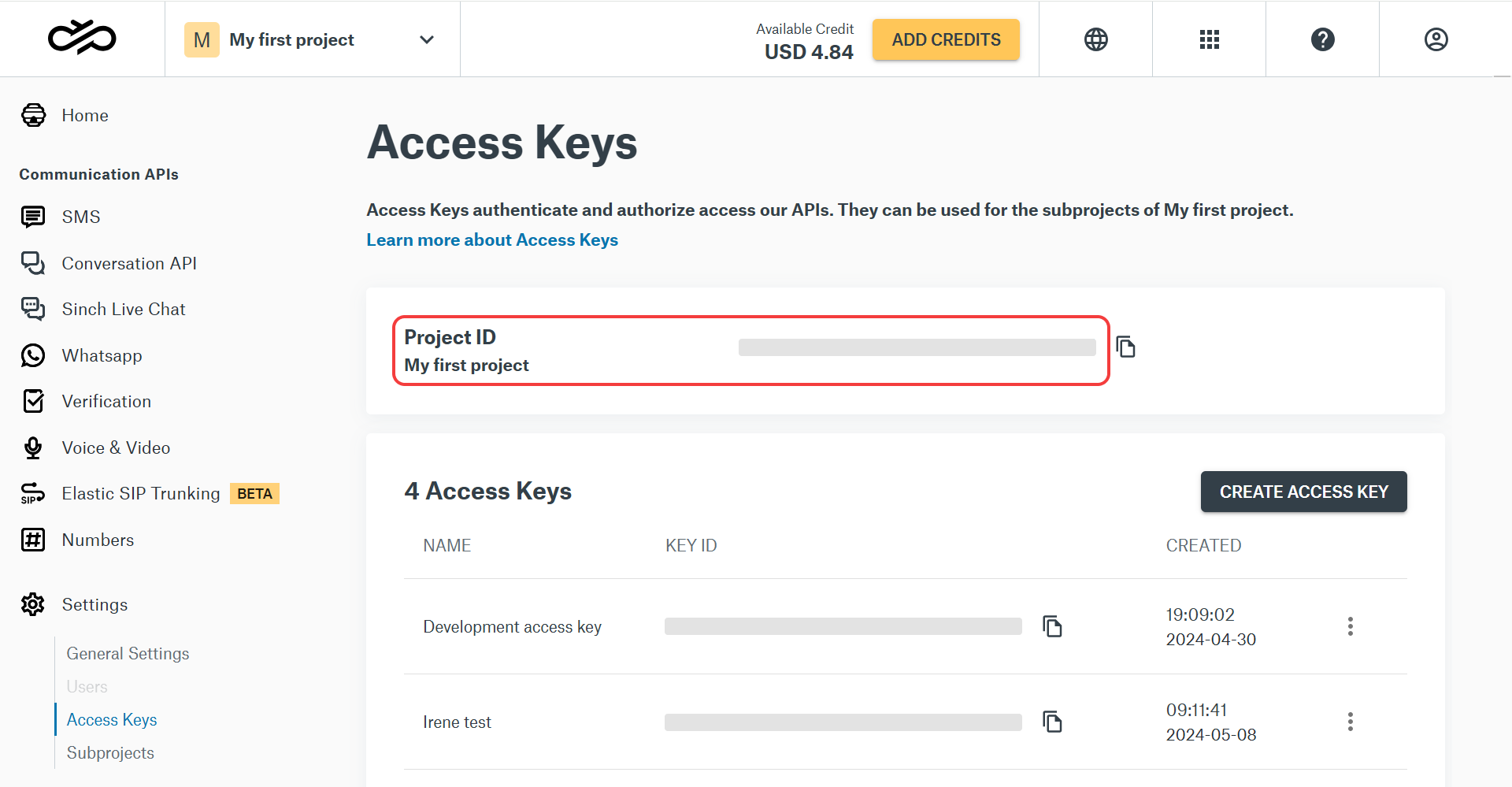 Panel de Sinch: API Key de WhatsApp