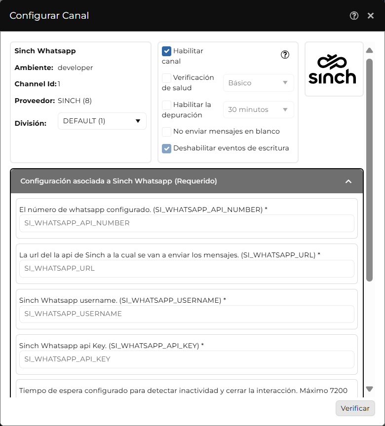 Selección del proveedor Sinch dentro del canal WhatsApp