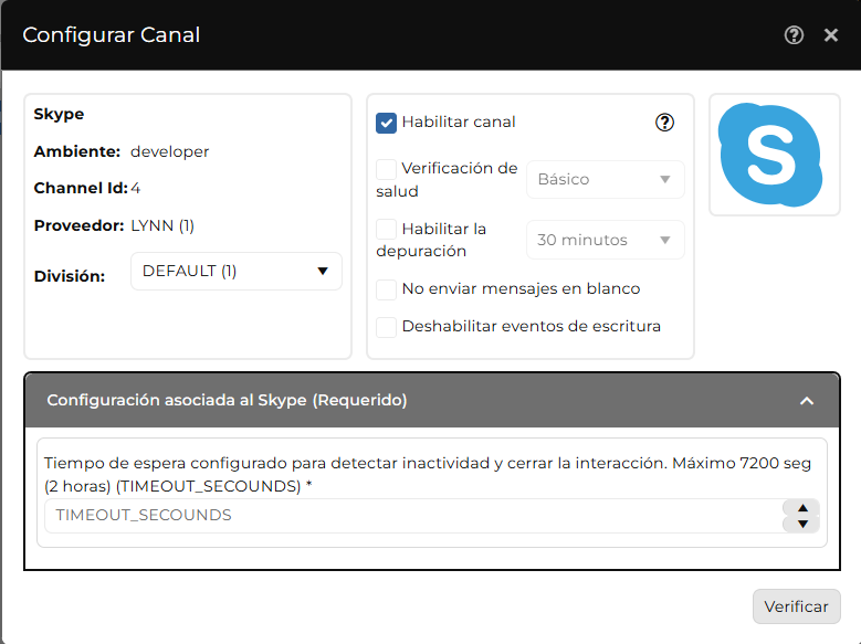 Ventana "Configurar Canal" de Skype (Channel Id 4)
