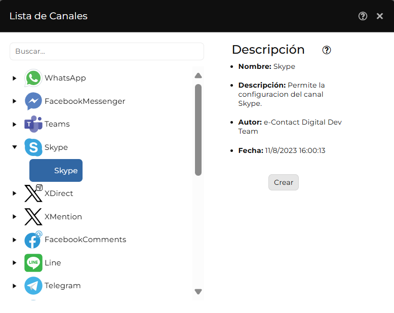 Ventana "Lista de canales" con Skype seleccionado