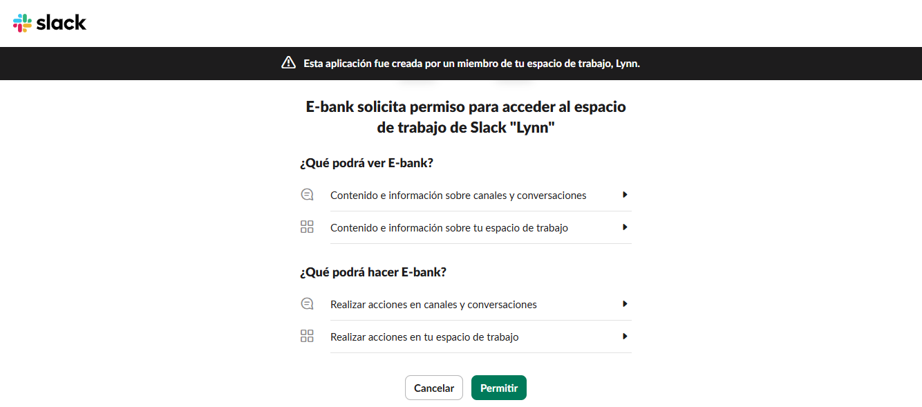 Pantalla de solicitud de permisos de slack