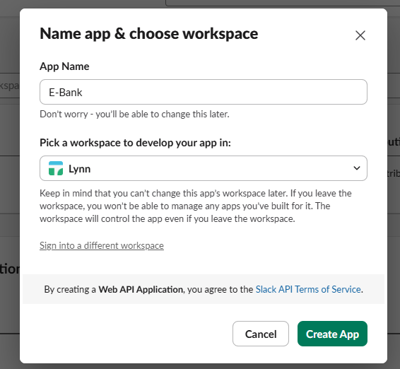 formulario para establecer nombre de la aplicación y seleccionar espacio de trabajo en Slack