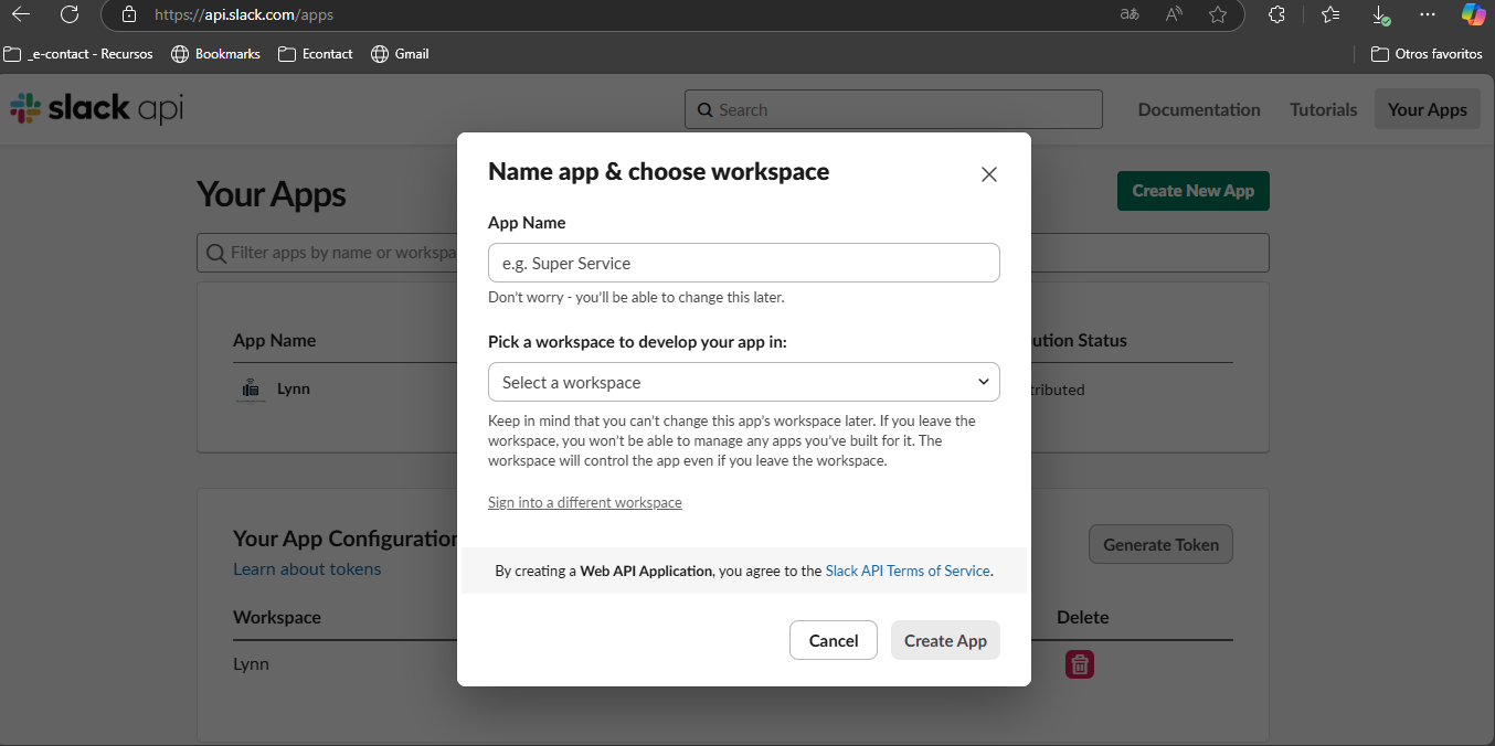 formulario para establecer nombre de la aplicación y seleccionar espacio de trabajo en Slack