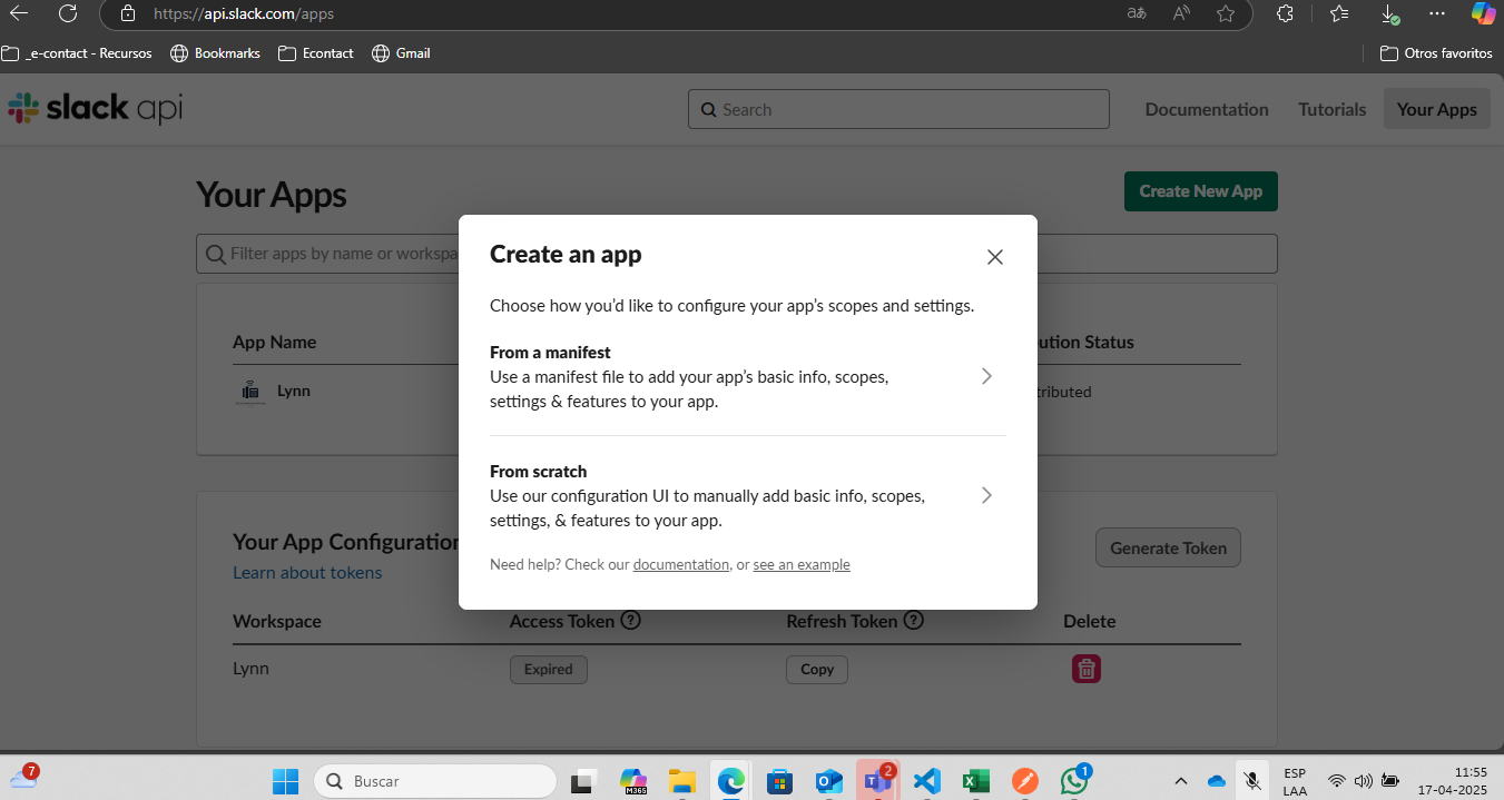 seleccionar tipo de aplicación a configurar: from manifest o from scratch