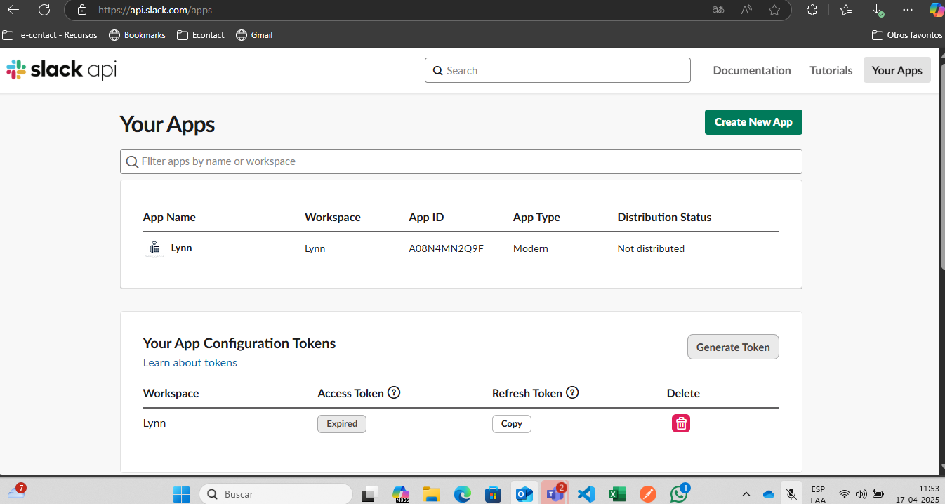 Crear aplicación en espacio de trabajo de slack