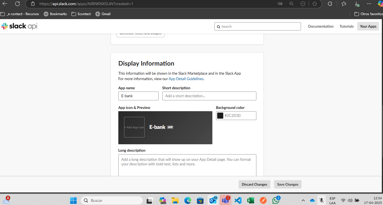 campos para completar la información del Marketplace de Slack