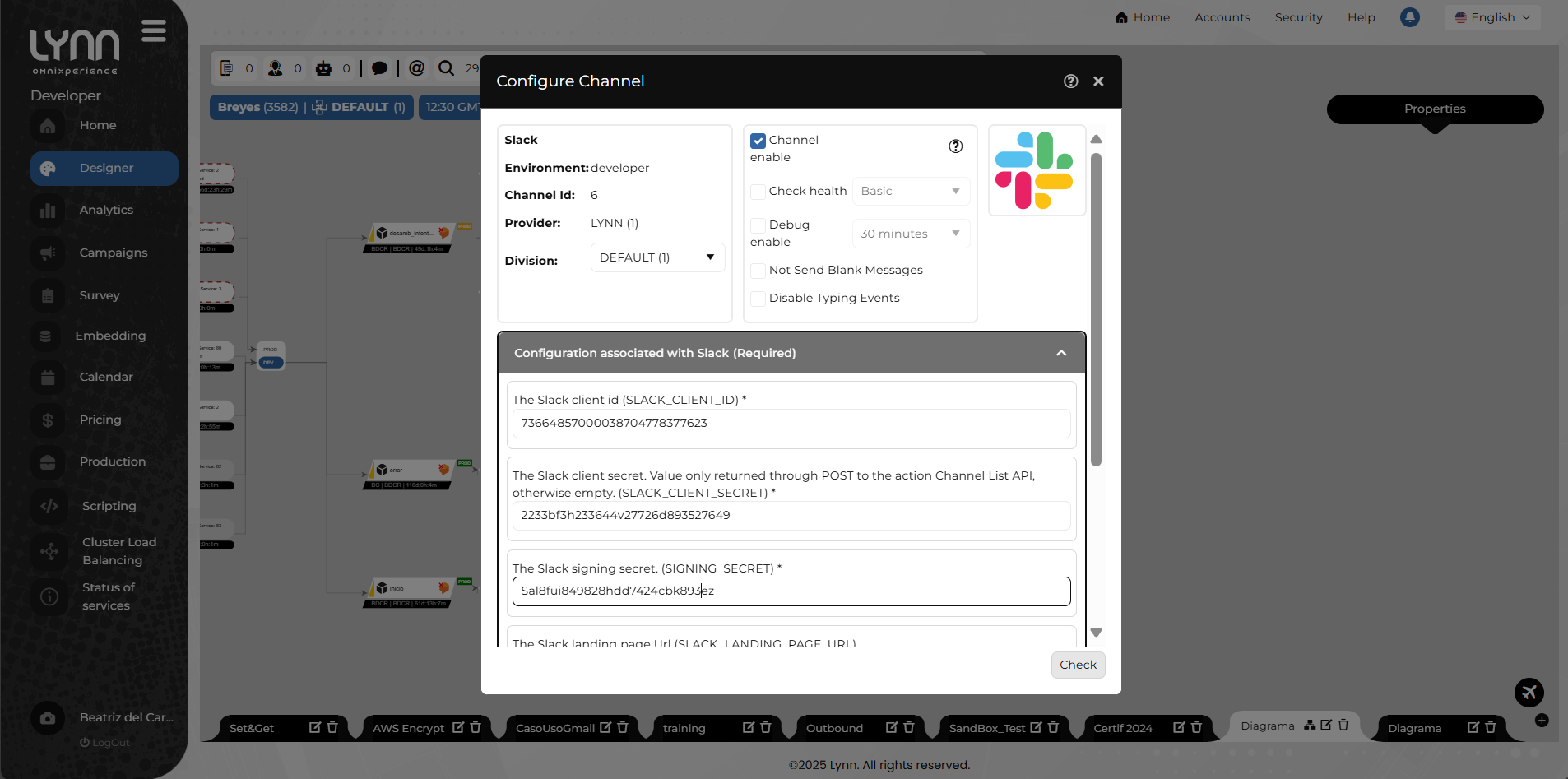 campos de configuración del canal