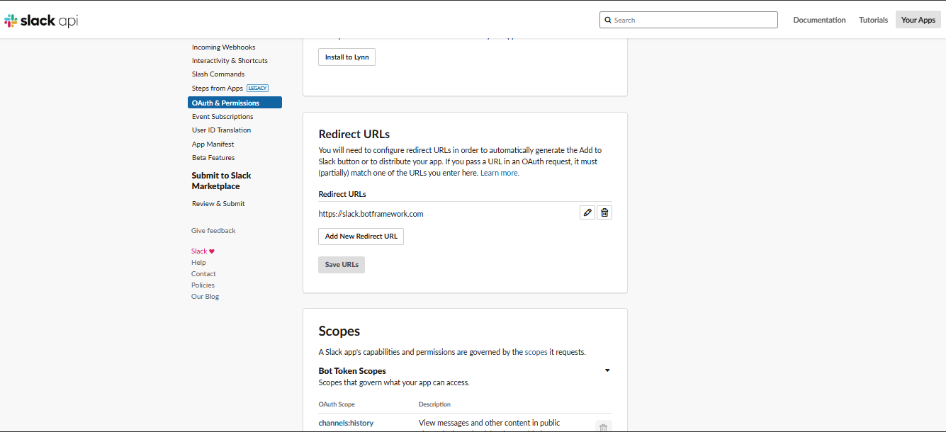 Campos en Slack Api para establecer las url de redirección