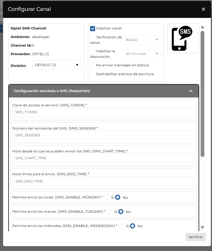 Formulario "Configurar Canal" de Siptel SMS Channel