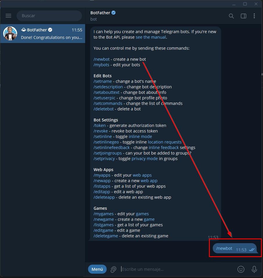 Comando /newbot en BotFather