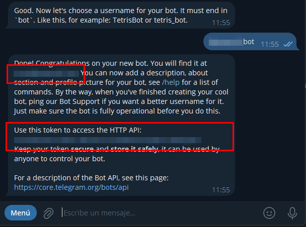Token de acceso del bot generado por BotFather
