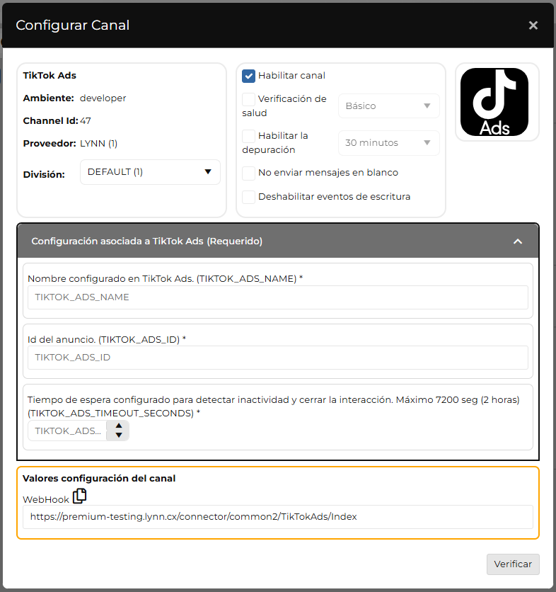 Formulario Configurar Canal de TikTok Ads