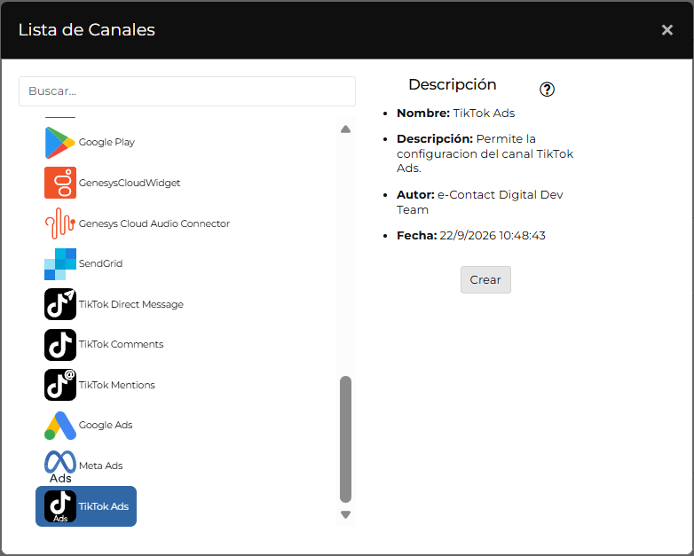 Lista de Canales, con TikTok Ads seleccionado