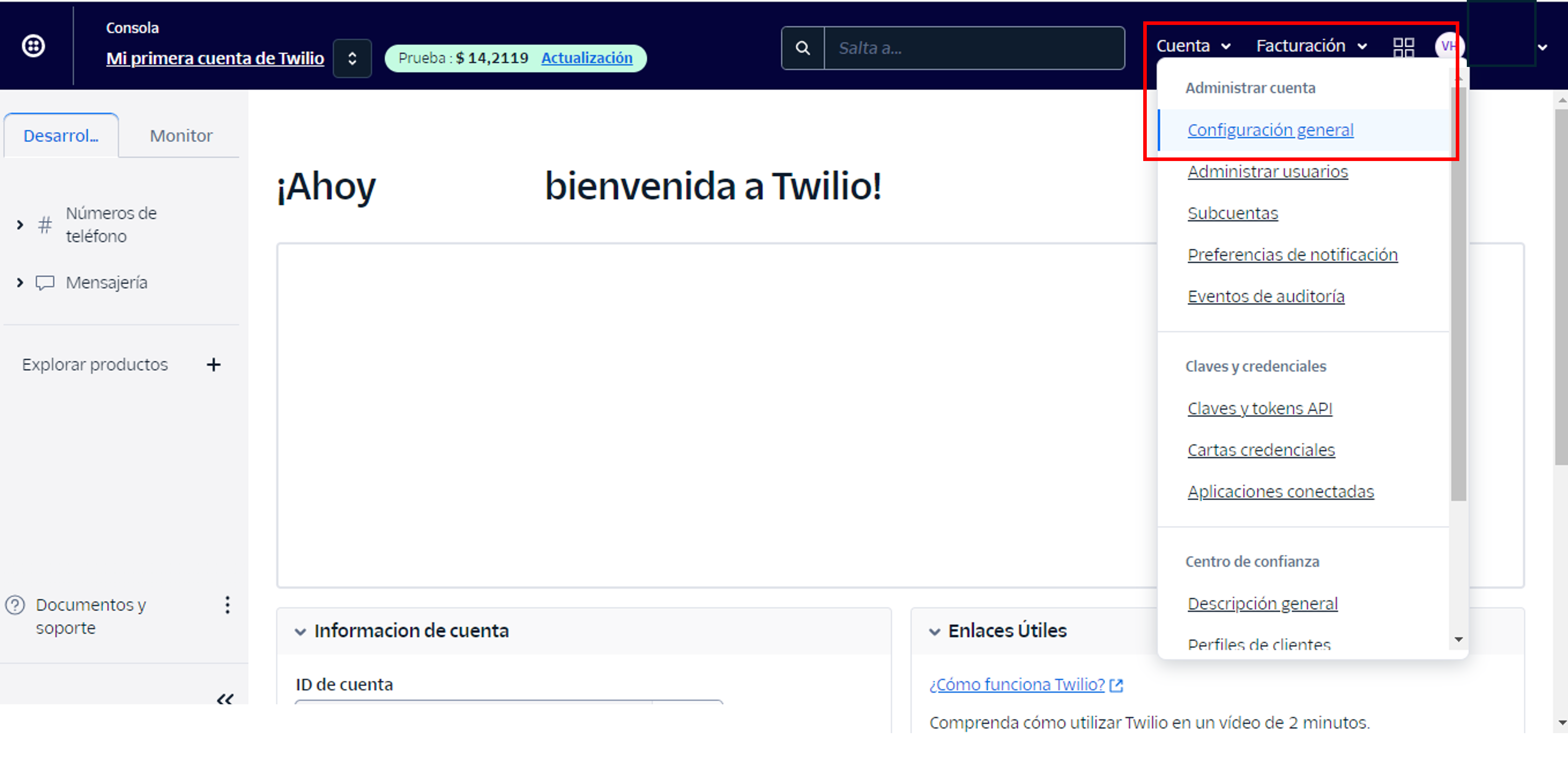 Configuración general de la cuenta en la consola de Twilio