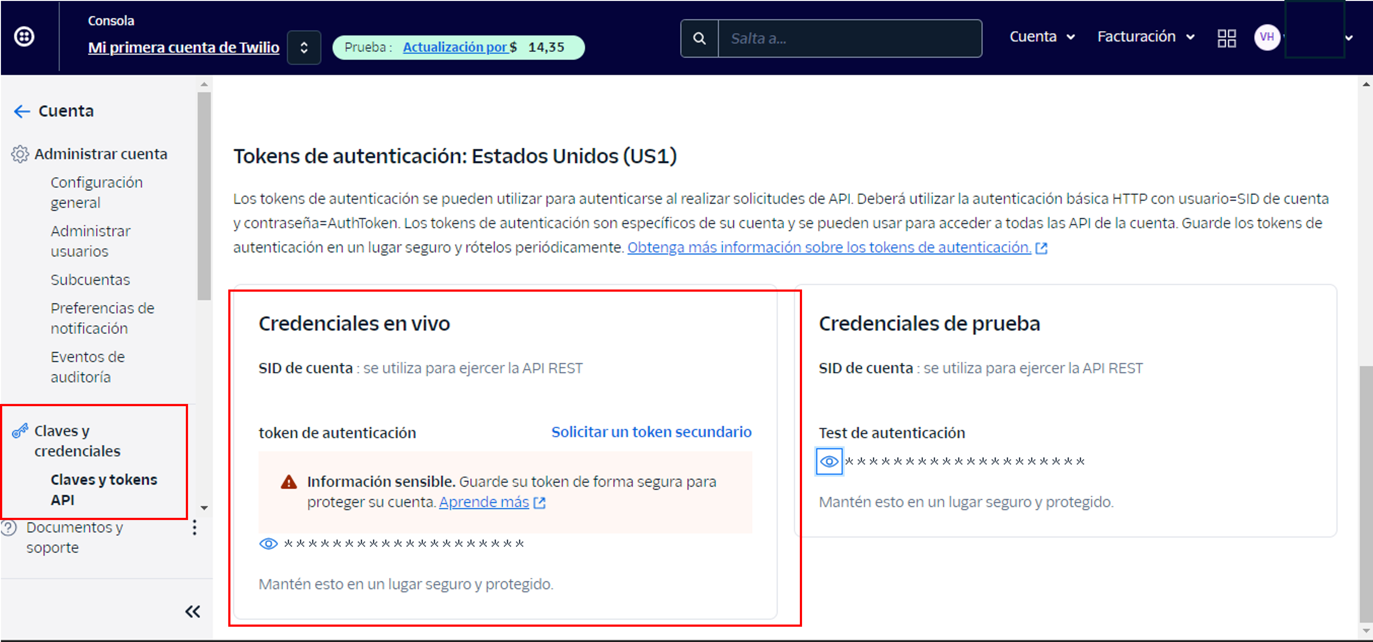 Menú "Claves y credenciales" (SID) en la consola de Twilio