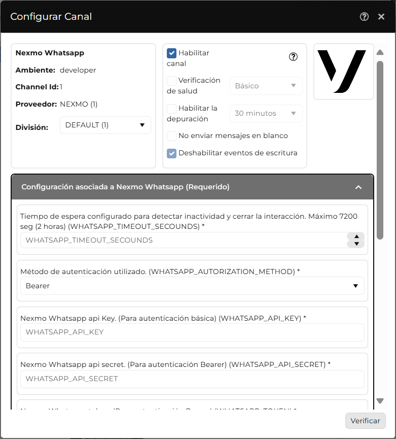 Ventana de configuración del proveedor Nexmo