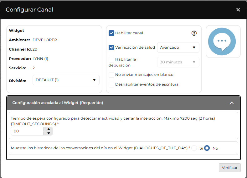 Ventana "Lista de canales" al agregar el canal Webchat