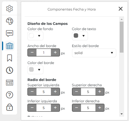 Menú de configuración de componentes de fecha y hora