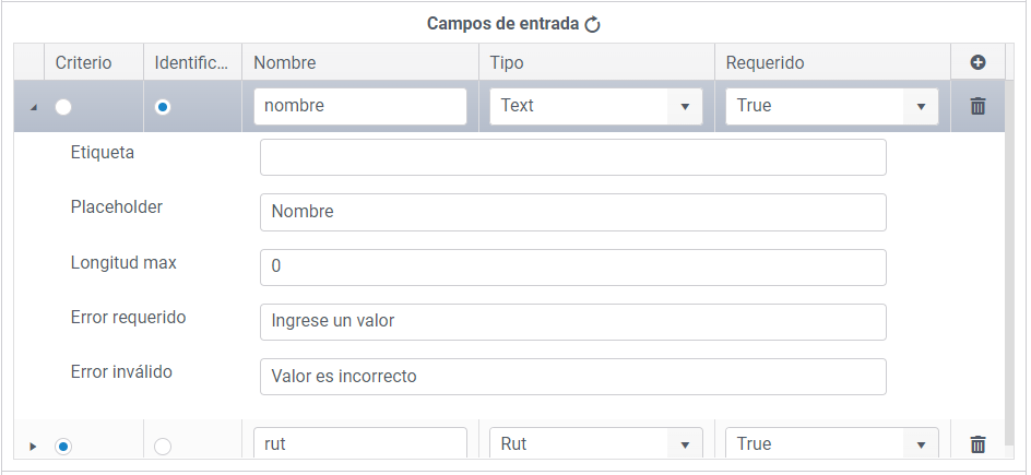 Configuración de campos del formulario