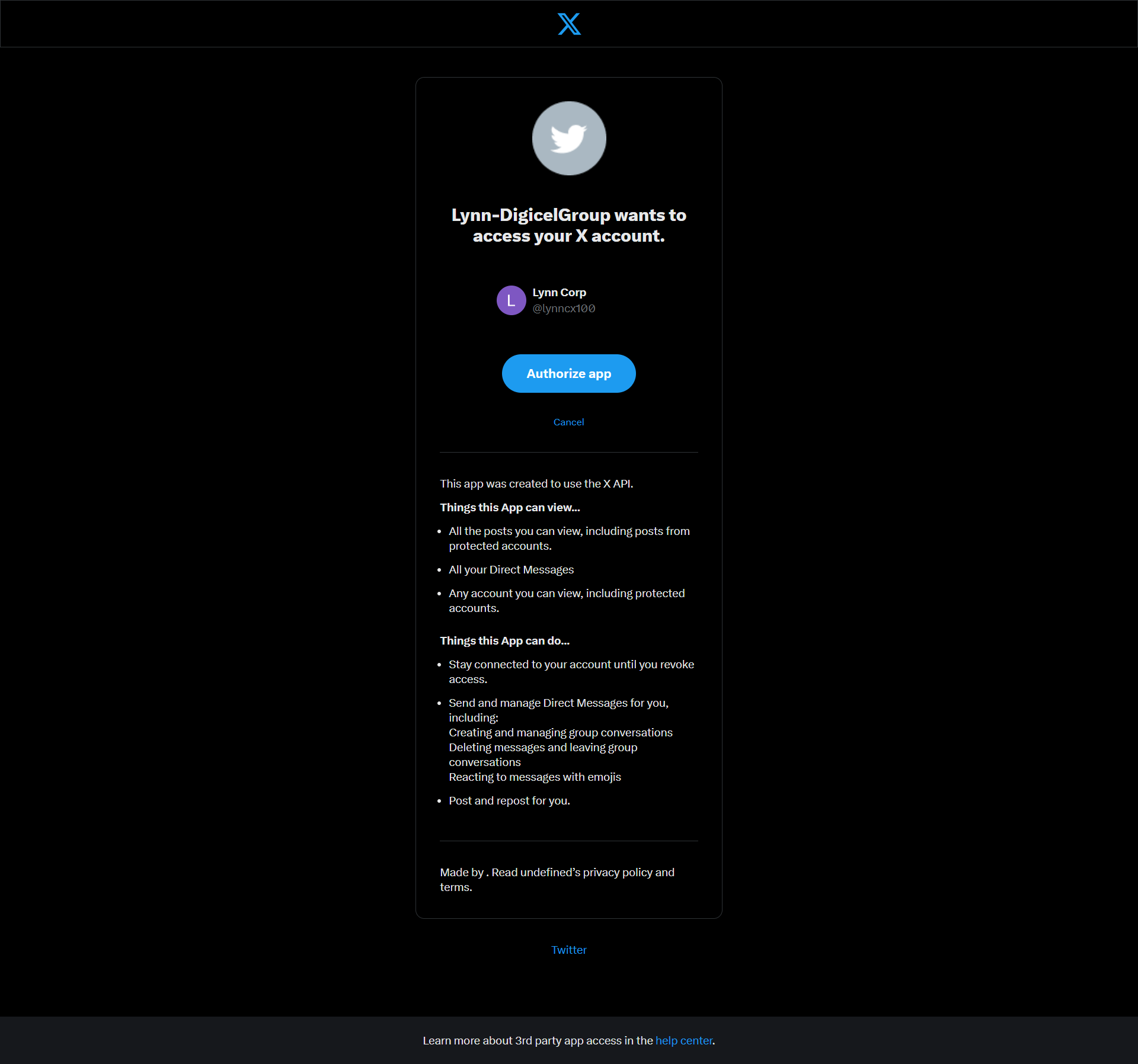 Página web de X solicitando autorización de permisos