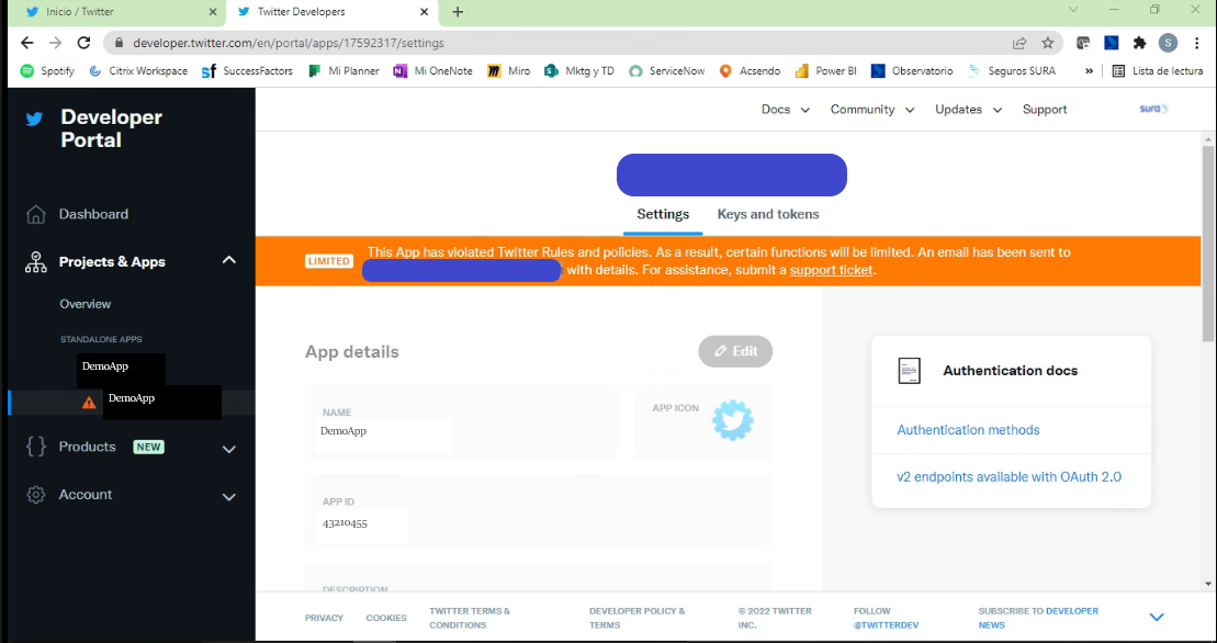 Ejemplo de alerta en el dashboard del portal de desarrollo de X por infracción de políticas