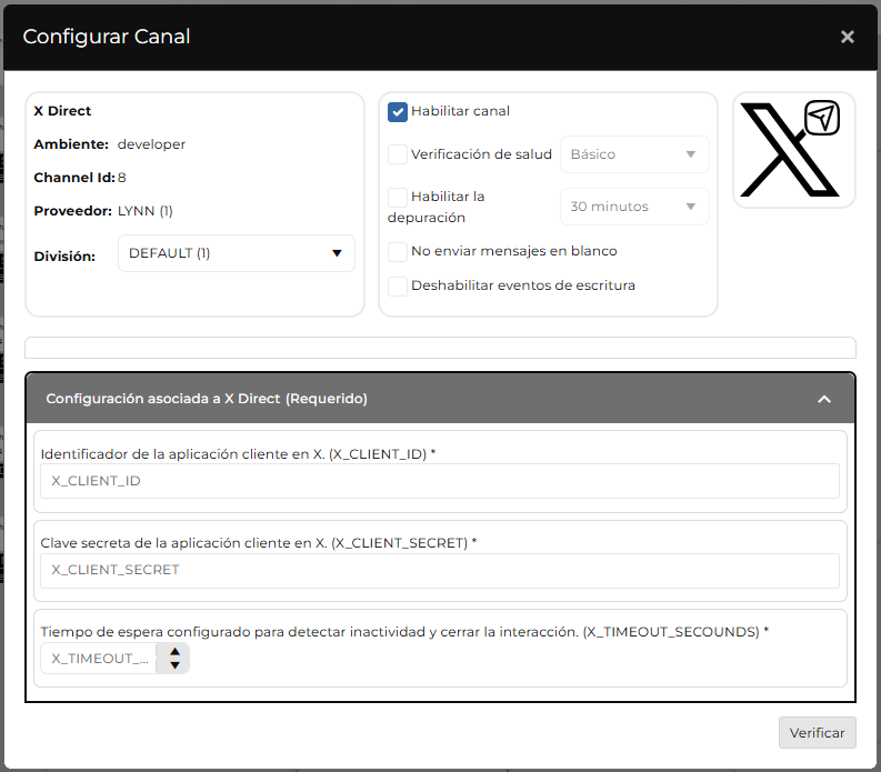 Formulario de parámetros OAuth 2.0 (Client ID, Client Secret, Timeout)