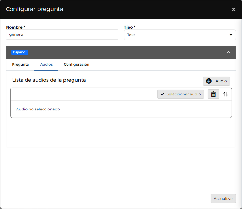 configuración de preguntas de tipo menu